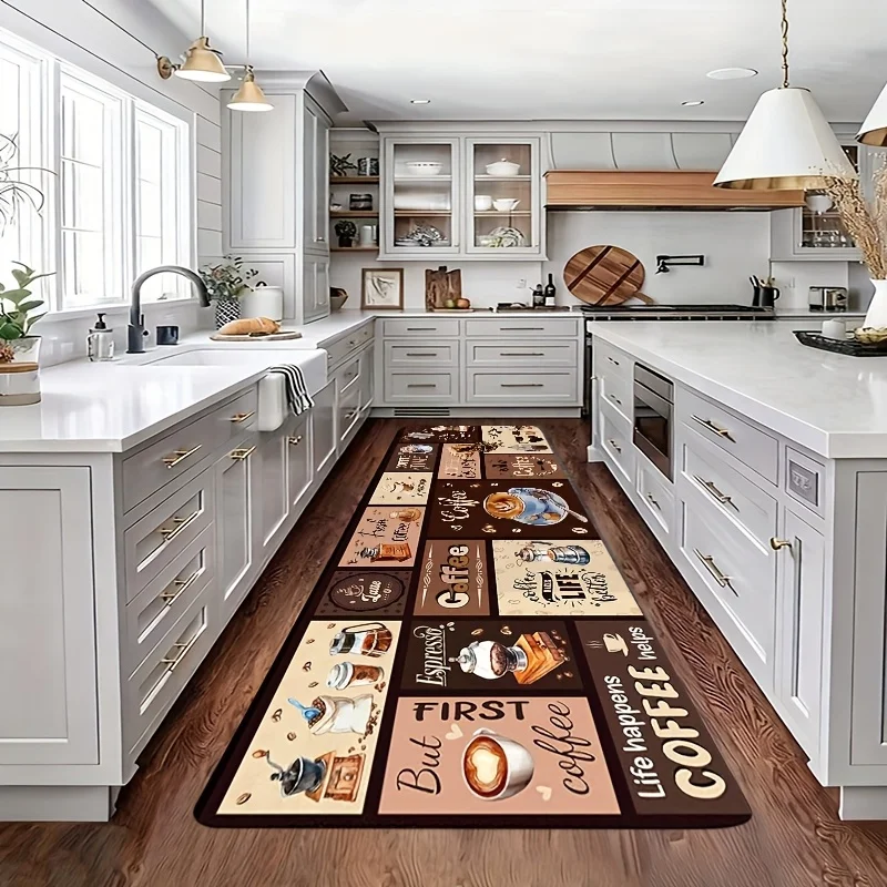But First Coffee Print Long Runner Rug, Vintage Coffee Cup Bean Pattern Non-Slip Floor Mat for Hallway Entryway, Washable Cafe