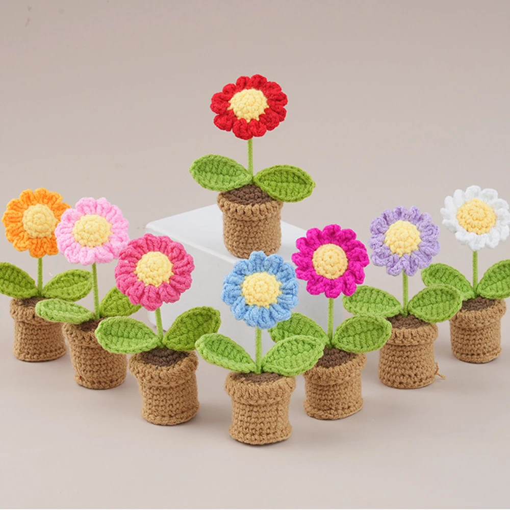 Niedliche Gehäkelte Blumentöpfe Handgewebte Gänseblümchen Mini-Gänseblümchen-Blumentopf Tisch- und Autodekoration Geschenk – Detail 1