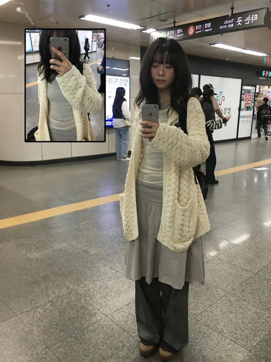 WEIRD PUSS Japanese Artistic Sle Knitted Cardigan Women's Faionable Versatile Spicy Girl Top Button Design Slimming Polye...