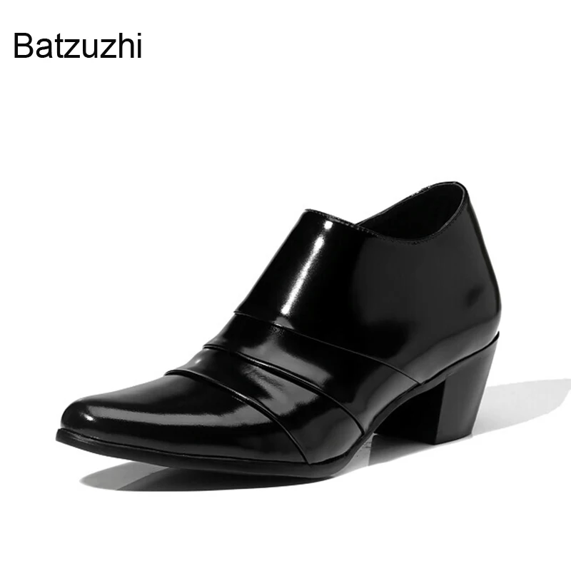 Batzuzhi 6CM High Heels Ankle Shoes Men Pointed Toe Zip Black Leather Shoes for Men Party/Wedding/Business, Sizes 37-44