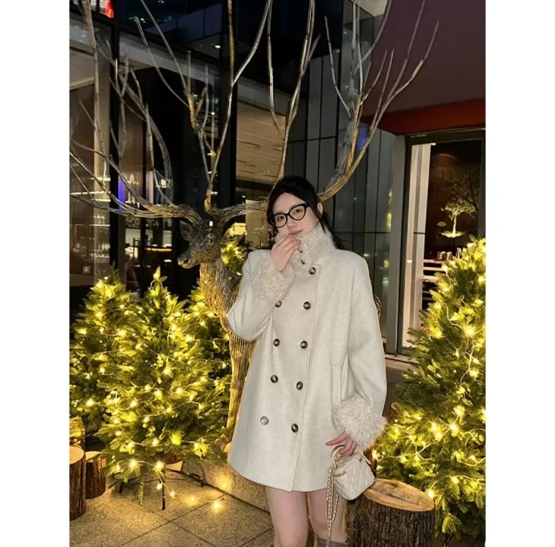 

Korean Fashion Oatmeal Color Temperament Small Fragrant Style Medium Length Woolen Jacket Winter Loose Casual Thickened Coat