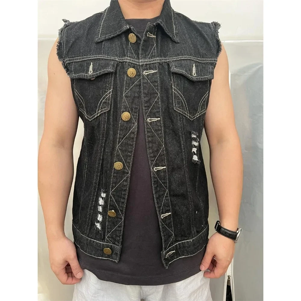 

New Men Spring Summer Four Seasons Street Riding Motorcycle Punk Eagle Print Pattern Raw Edge Sleeveless Vest Denim Jacket