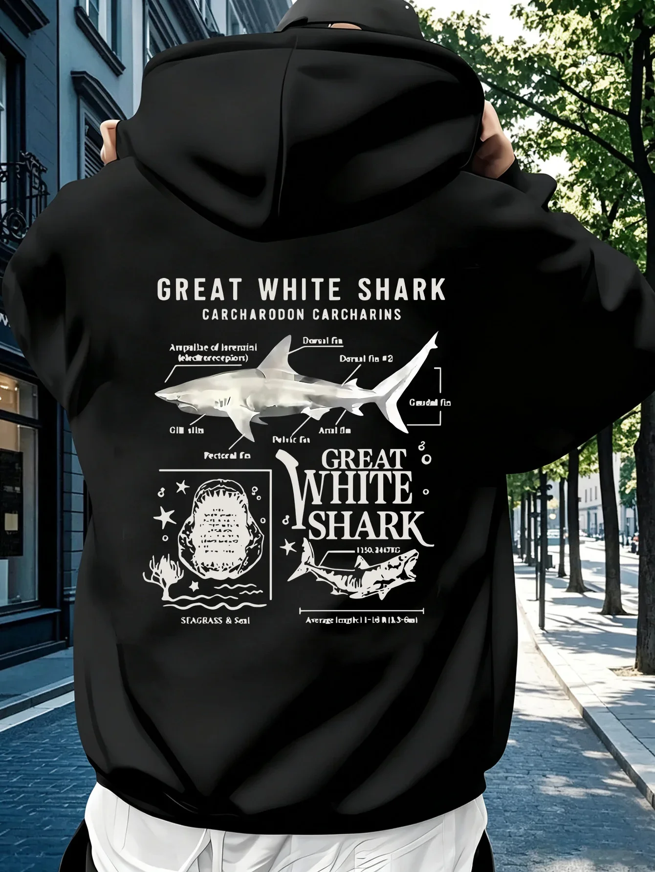 Men’s Great White Shark Hoodie Anatomical Ocean Graphic Print Autumn Winter Fleece Oversized Streetwear Pullover Sweatshirt