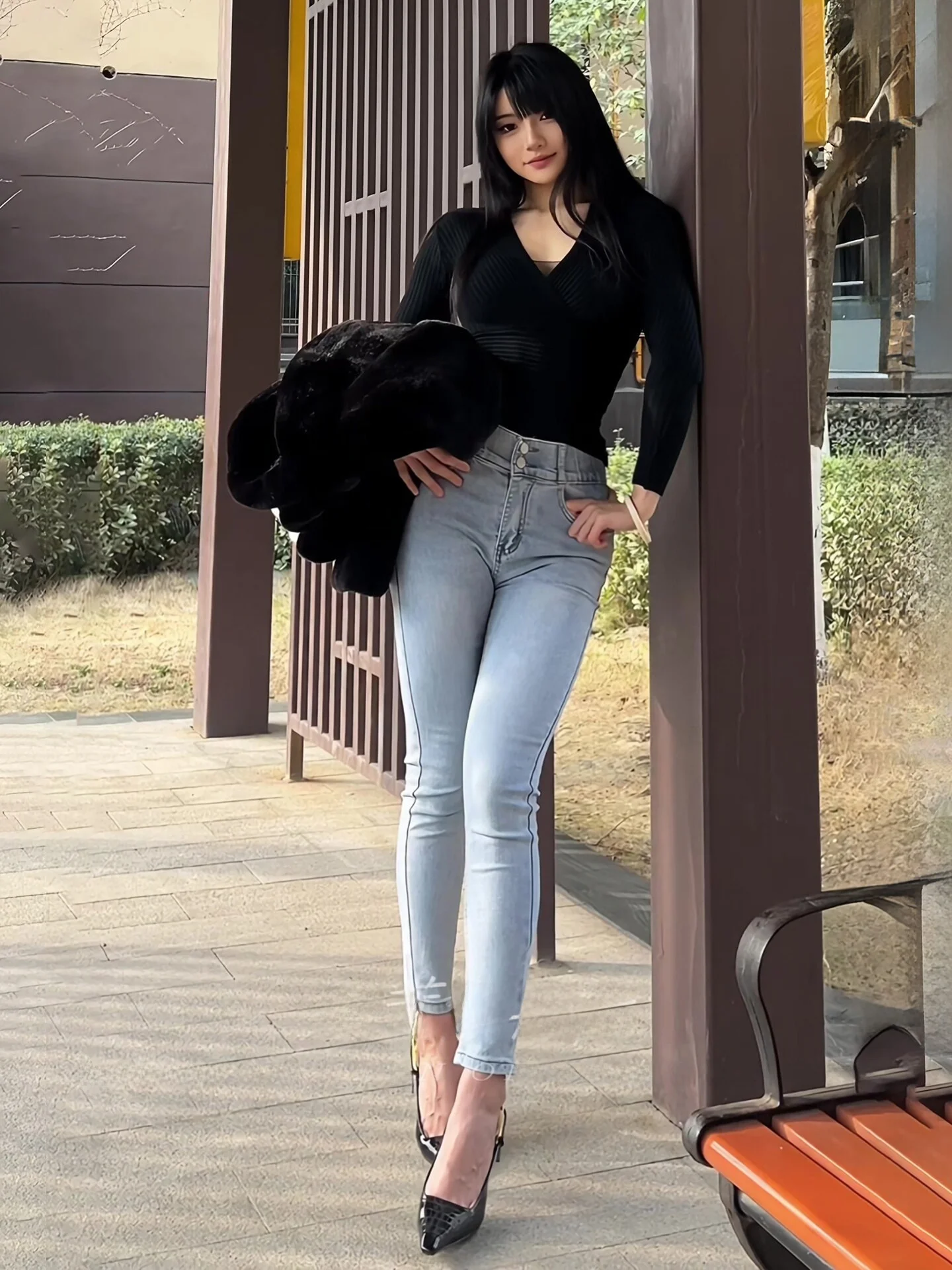 

Trendy Korean Sle Women's Slim Fit Jeans Elastic Waist Double Bule Soft Denim Butt Lifting Slimming Hip Enhancing