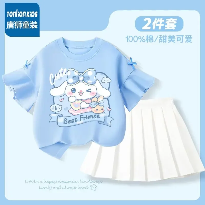 

Cosplay Anime Sanrio Cotton Two-piece Children's Clothing Cinnamoroll Girl's Mini Plaid Skirtt Summer Students Folded Skirt Set