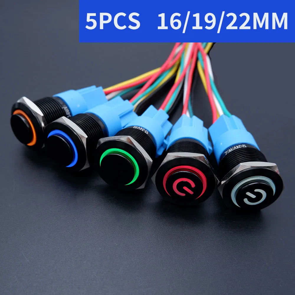 5PCS Black Metal Push Button Switch 16/19/22mm Led Light Waterproof Illuminated On Off Car Engine Power Start Stop 5V 12V 220V