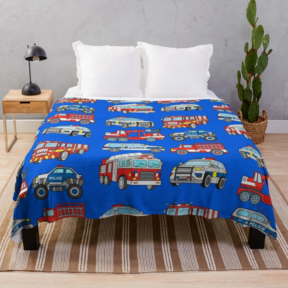 Firetrucks and Police Cars Throw Blanket Summer Tourist Blankets