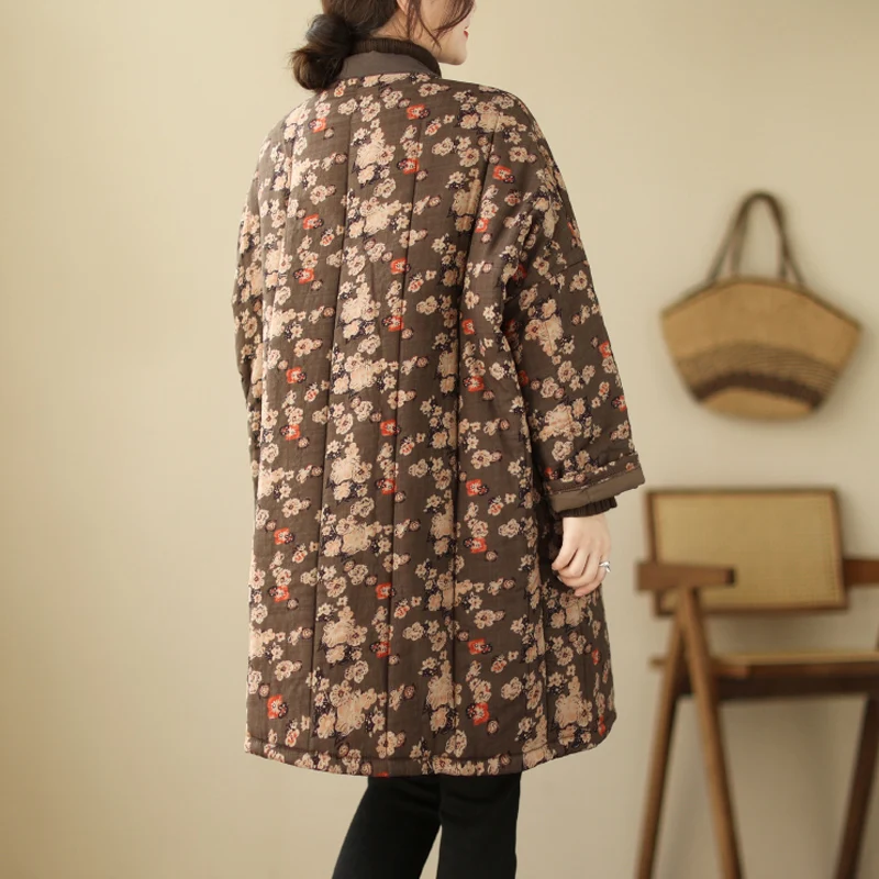 Oversized Vintage Floral Print Women Coat 2024 New Autumn Winter Cotton Linen Quilted Female Jackets Thick Warm Outwear Parkas