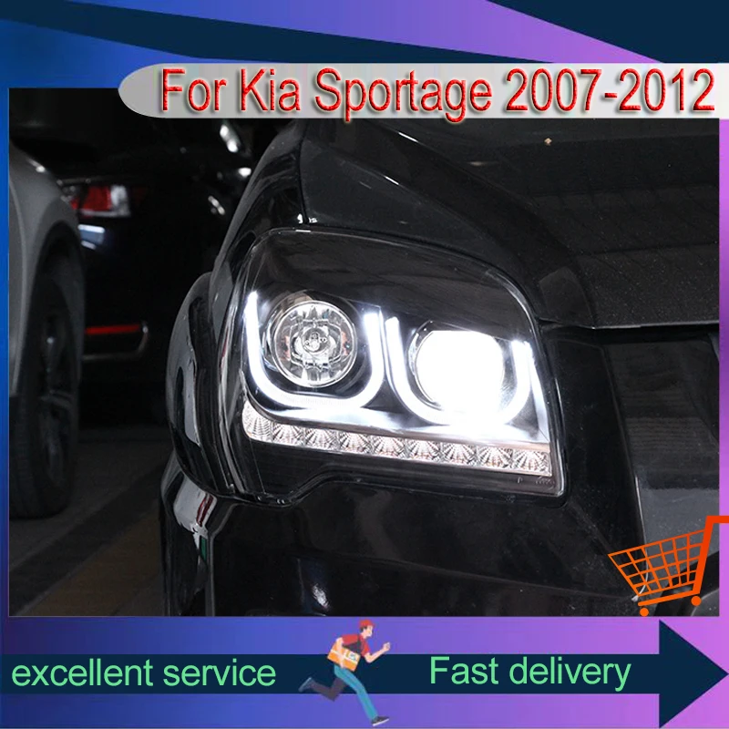 Car Styling for Kia Sportage 2007-2012 Head Light Modified LED Double Colors Projector Lens Xenon Front Lamp Automatic Accessory