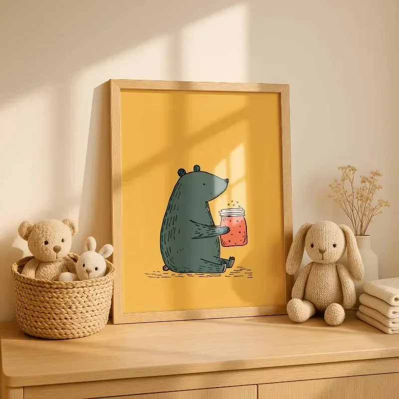 1pc frameless Canvas Painting Bear Eating Honey Wall Art Whimsical Nursery Decor, Playroom Poster, Cute Animal Illustration Brig