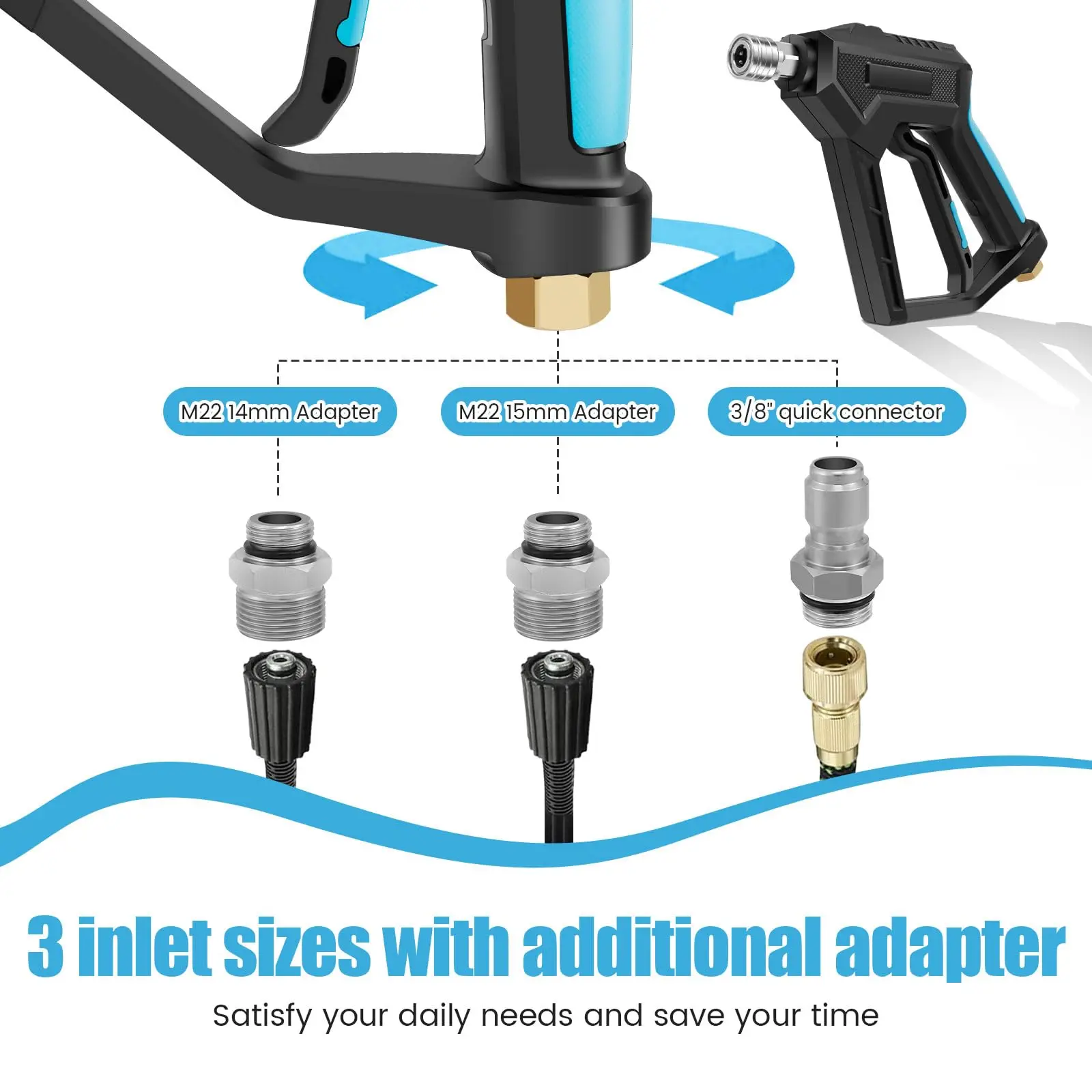 High Pressure Washer Short Gun with 1/4 Quick Connector, 26cm Pressure Cleaner with 3 Pcs 3/8 Adapter