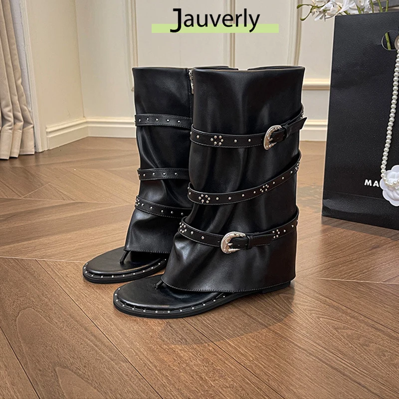 

Модные женские босоножки на танкетке, новинка 2025, ретро жареные уличные дышащие римские брюки со средним идолбленным носком, ботинки-трубы увеличенного размера