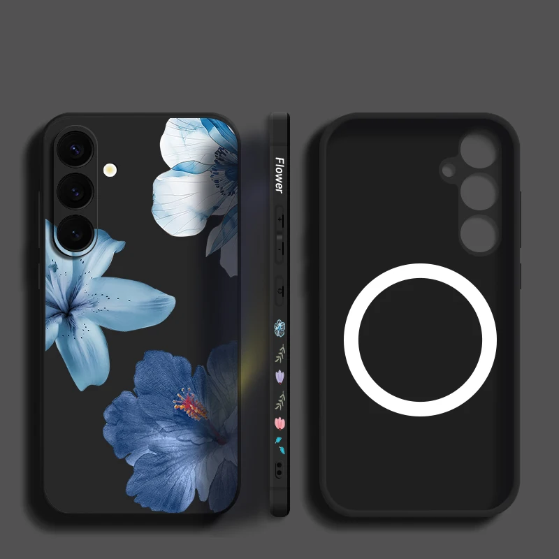 Blue Flowers Print Case For Samsung Galaxy S26 S25 Ultra S24 S23 FE S22 Plus S21 Built-in Metal Plate Magnetic Silicone Cover