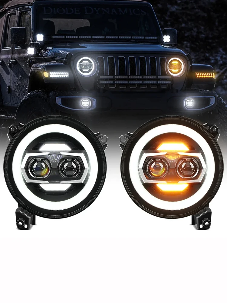 9-calowe reflektory LED z funkcją światła drogowego/mijania, światłami do jazdy dziennej (DRL) typu halo i kierunkowskazami do Jeep Wrangler JL JLU JT Rubicon 2018-2024 — 2