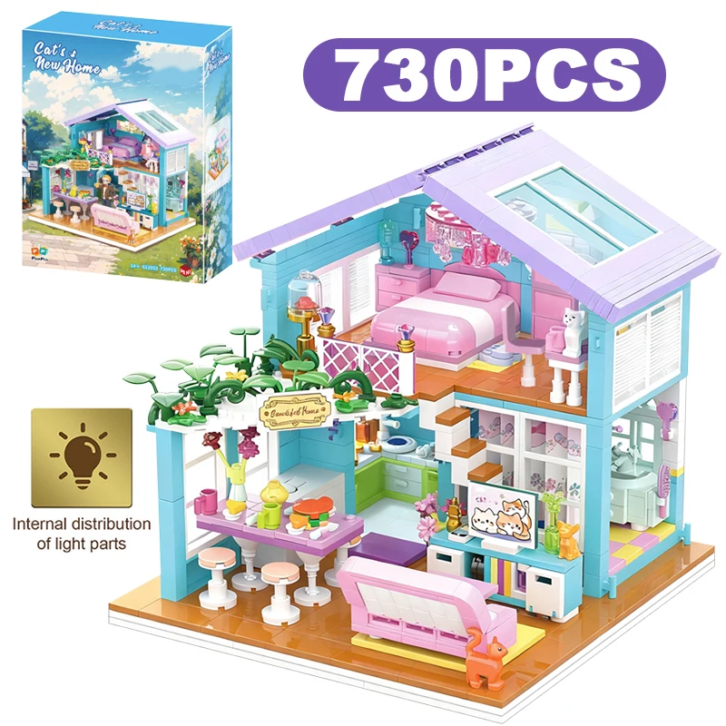 

Creative 730PCS Cat's Home Building Blocks Kitty House Bedroom Architecture Model Micro Assemble Bricks Toys Gifts For Girls Boy