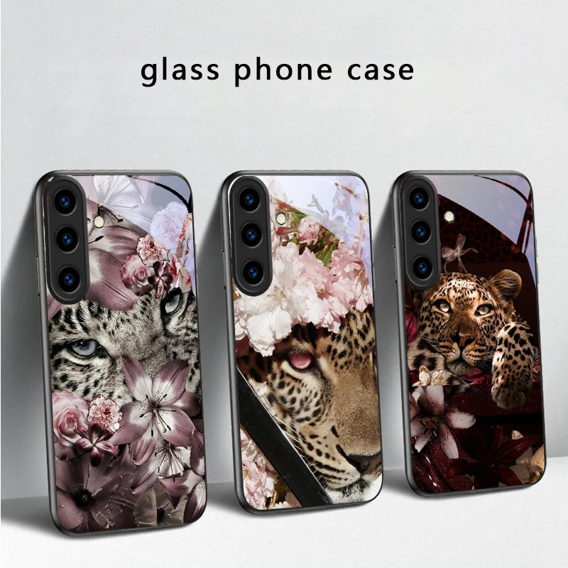 Flower Leopard Shadow For Samsung Galaxy S20 S21 S22 S23 Plus S24 FE S25 Ultra S26 Edge S25+ S20+ S22+ Black Glass Phone Case