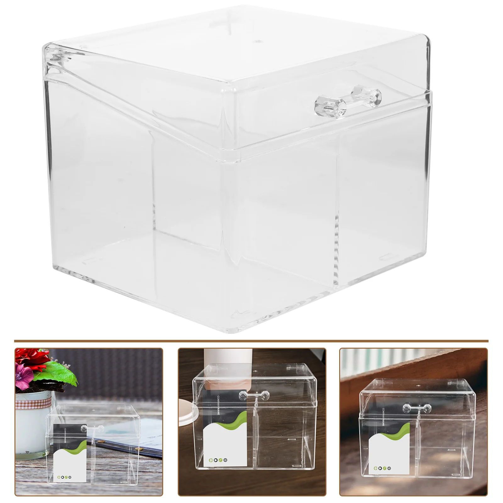 

Acrylic Business Holder Clear Dust-Proof Card Organizer Box For Desk Two Compartment Vertical Storage Stand
