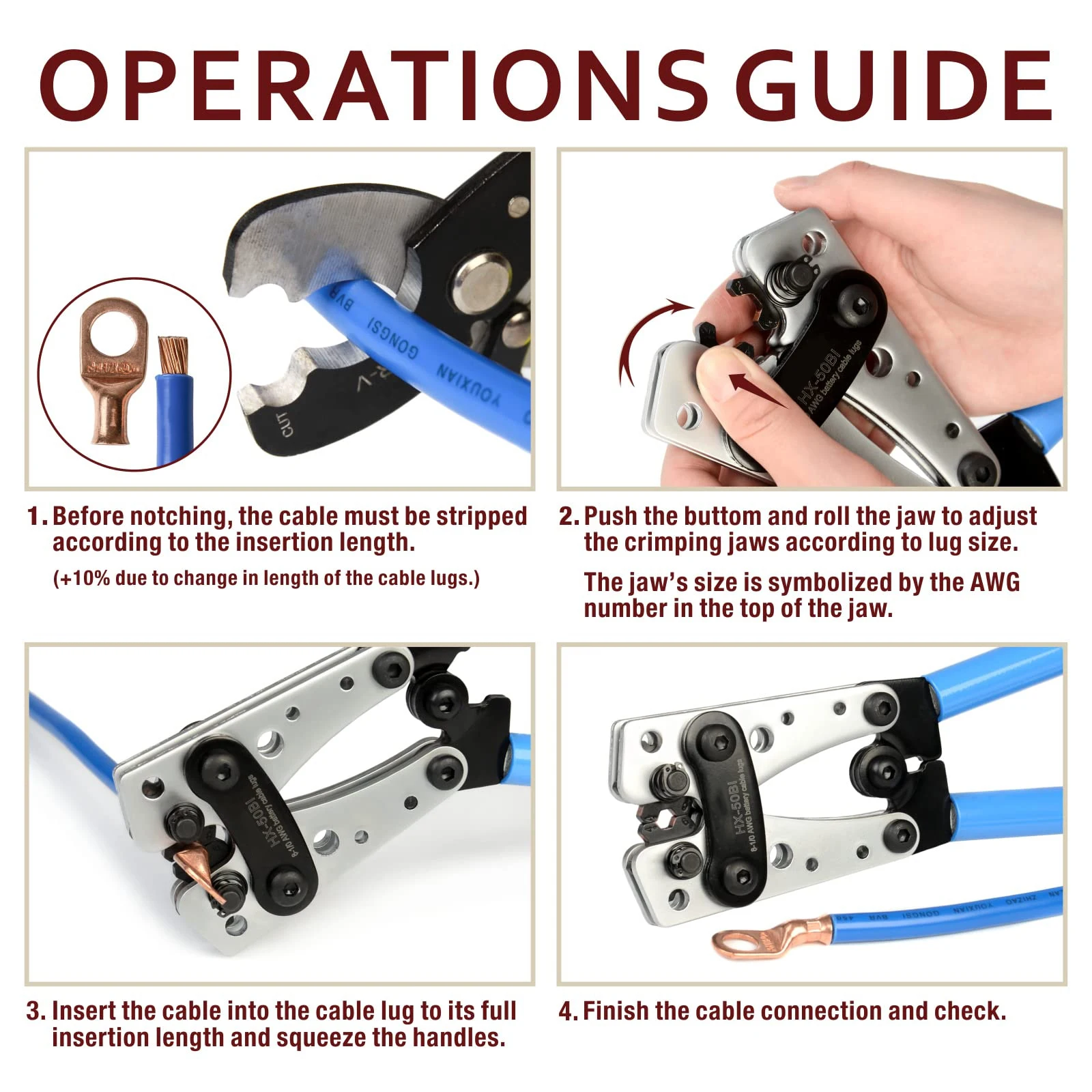 Cable Lug Crimping Tool for Heavy Duty Wire Lugs Battery Terminal, Copper Lugs AWG 8-1/0