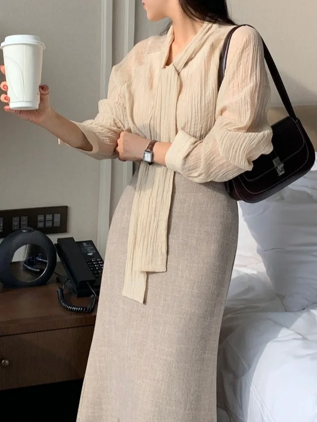 Chic All'inizio della primavera da donna irt Gentle Sweet Sa Versatile Ele Coreano Sle Long Sve Girls' irt Faionable Camicetta