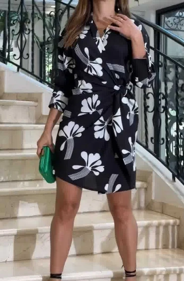 Mini Skirt Women's 2023 New Hot Selling Fashion Leaf Print Loose Sleeve Home Short Dress