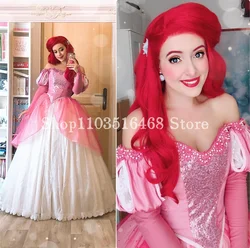 Halloween Cosplay Princess Ariel Prom Dress Strapless Pink White Bubble Long Sleeve Corset Corset Victorian  платье вечерне