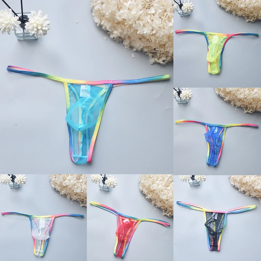 Men\'s Thongs G-String Sexy Mesh Briefs Low-Waist Lingerie U Convex Pouch Thong Homme Underpants Transparent Panties Underwear