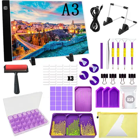 Kit de coussin lumineux pour peinture diamant A2 A3 A4, panneau lumineux pour accessoires de peinture diamant, boîte lumineuse de traçage avec outils de peinture 5D