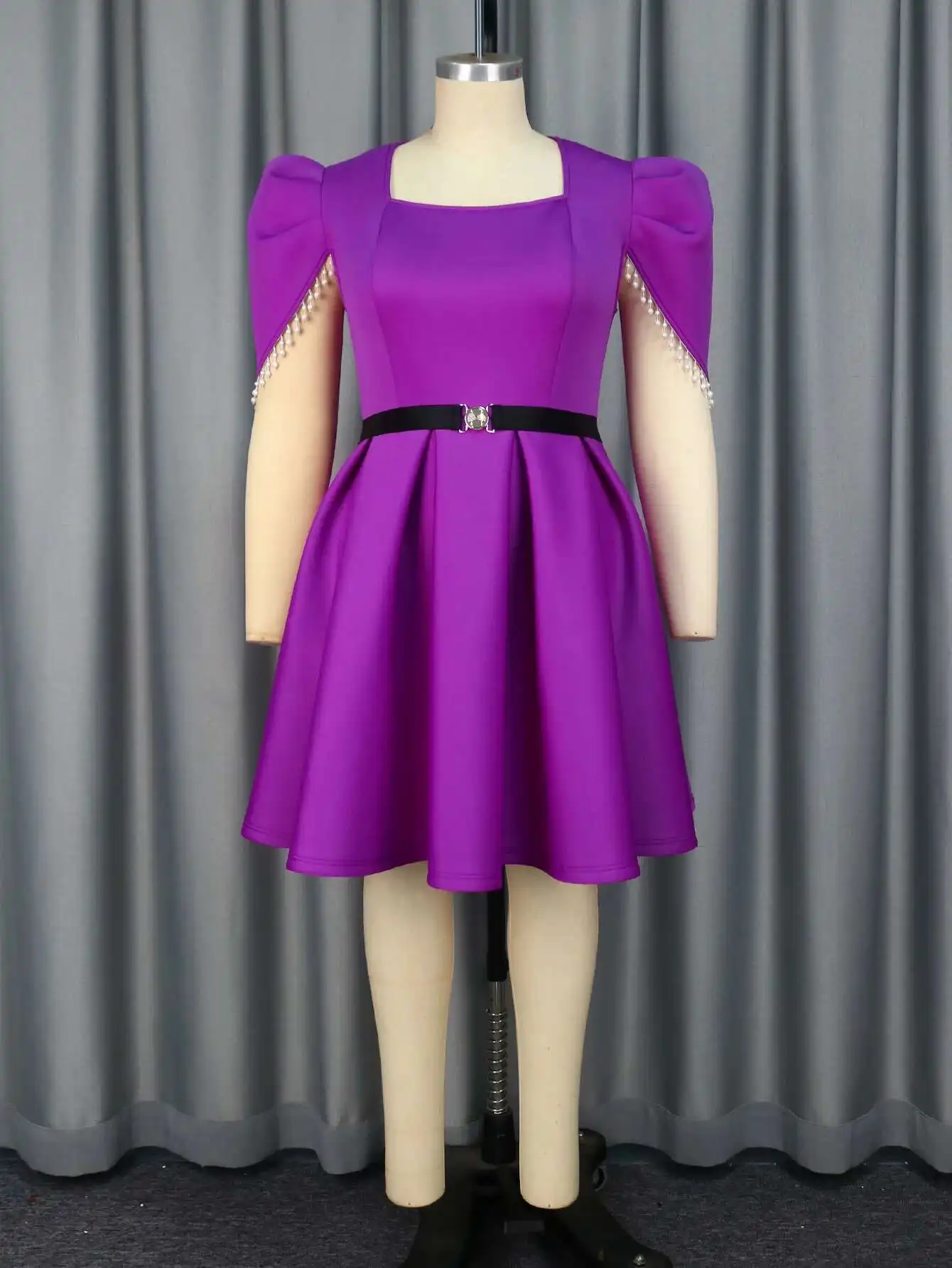 

050117 Am Square Neck Beaded Chain Sleeve High Waist A-line Dress Party Banquet Cocktail Plus Size Gown Dress Casual Y2k