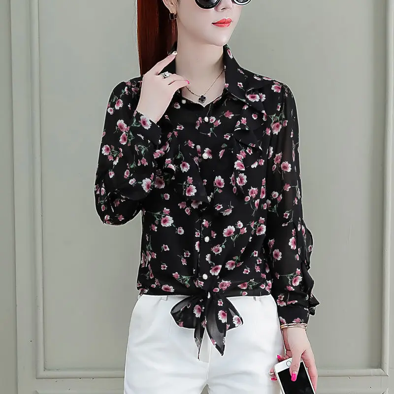 Women\'s Floral Chiffon Shirt, Casual, All-Match, Turn-down Collar, Long Sleeve, Thin Tops, Simplicity, Autumn Fashion