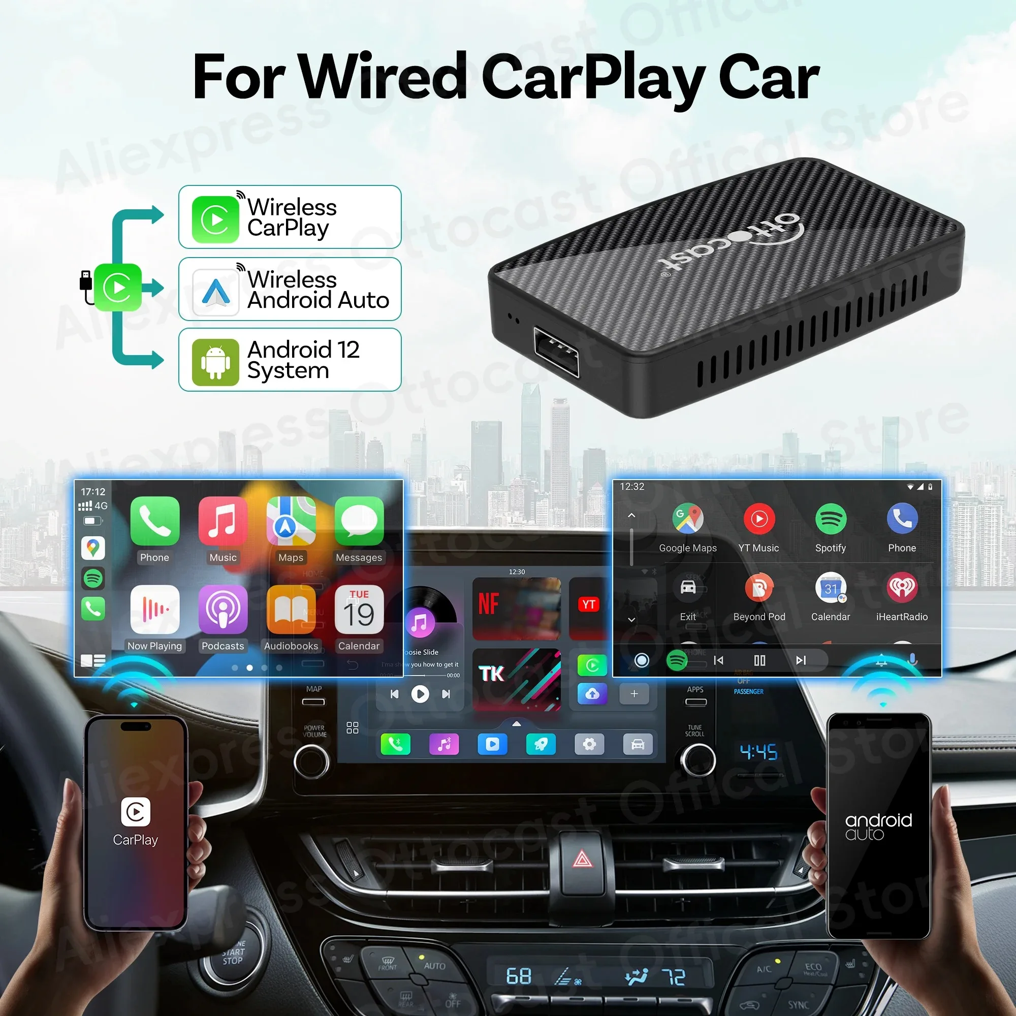 OTTOCAST Play2Video Pro for TikTok for Youtube for Netflix New Wireless CarPlay Android Auto Adapter Video Box Car Accessories