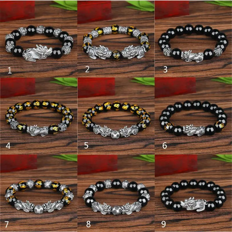 ZB Personalized Six-Word Legendary Pixiu Bead Bracelet Handmade Black Obsidian Stone Buddhism Bracelet Amulet Jewelry Decor