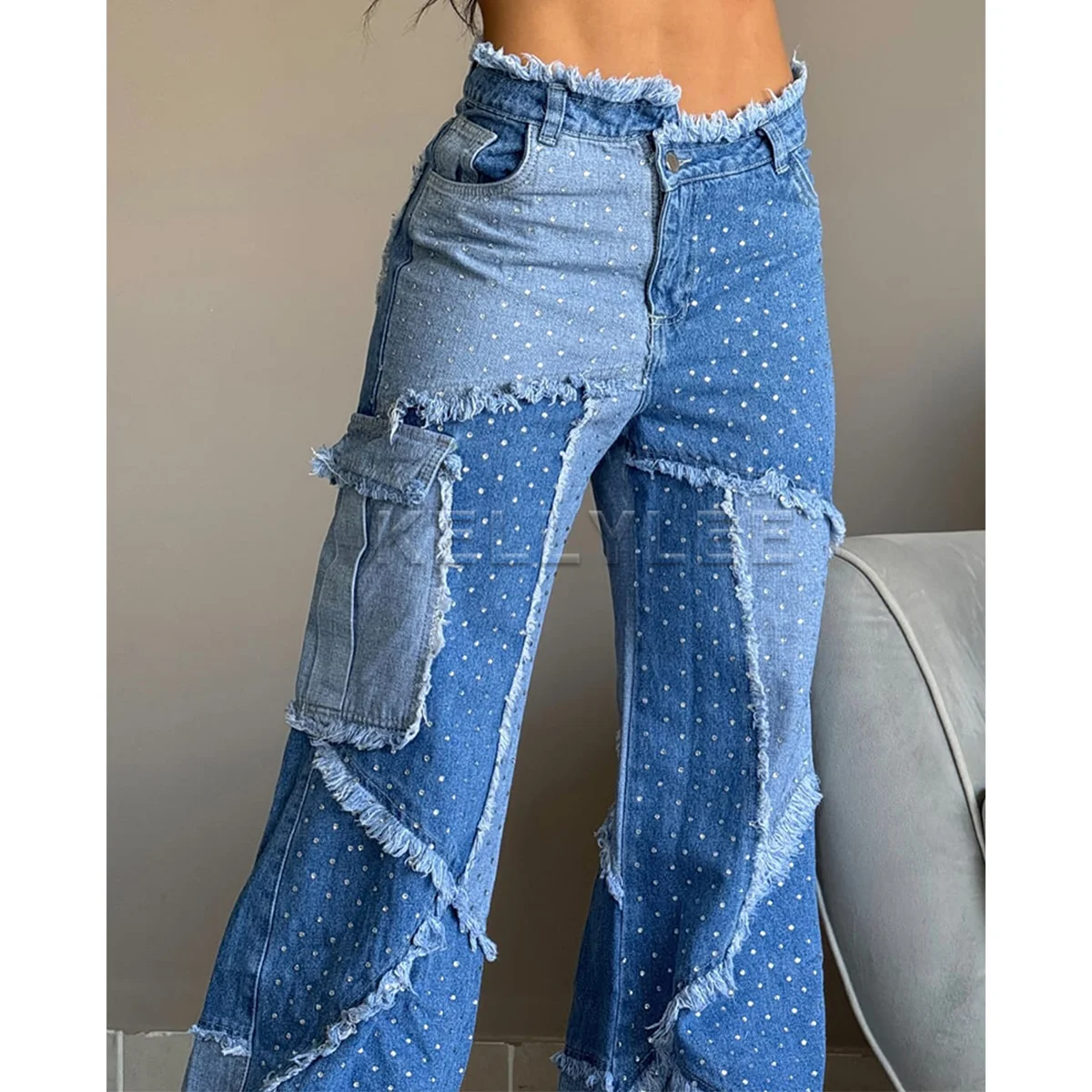 New Stylish Patchwork Loose Jeans Fashion Y2k Streetwear Washed Blue Trousers Vintage Wide Leg Pants 2024 Women's Daily Bottoms