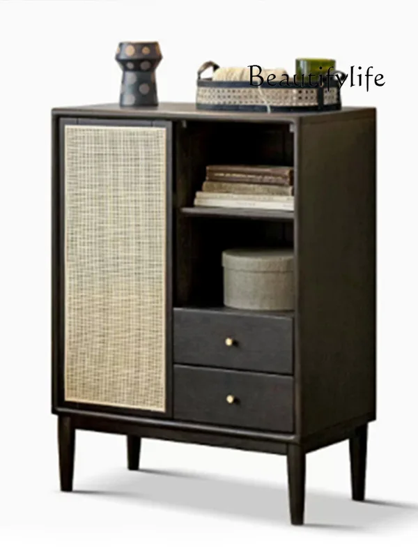 Japanese-style medieval solid wood TV side cabinet Nordic rattan simple storage cabinet