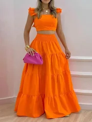 Shirred Back Crop Tops & Maxi Skirts Set Summer Women Two Piece Set