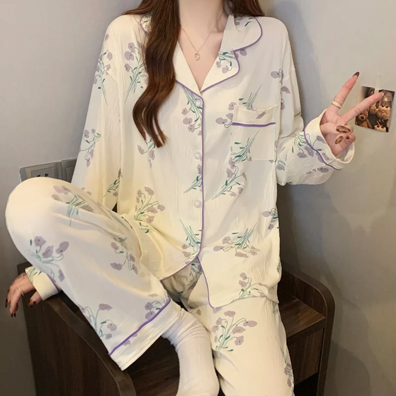 New Korean-Style Spring/Fall Sweet Floral Women's Long-Sleeve Pajama Set, Princess-Style, Plus Size, Loose-Fitting Loungewear