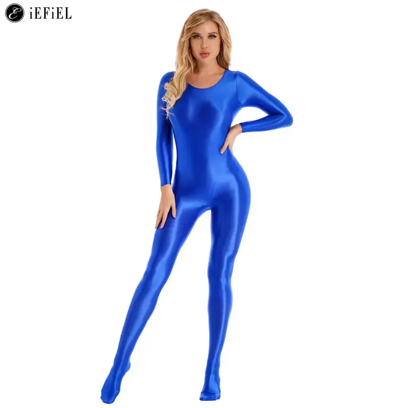 

Women Shiny Oil Full Body Pantyhose Jumpsuit Long Sleeve Bodystocking Tights Yoga Gymnastics Unitard Leotard Athletic Catsuit