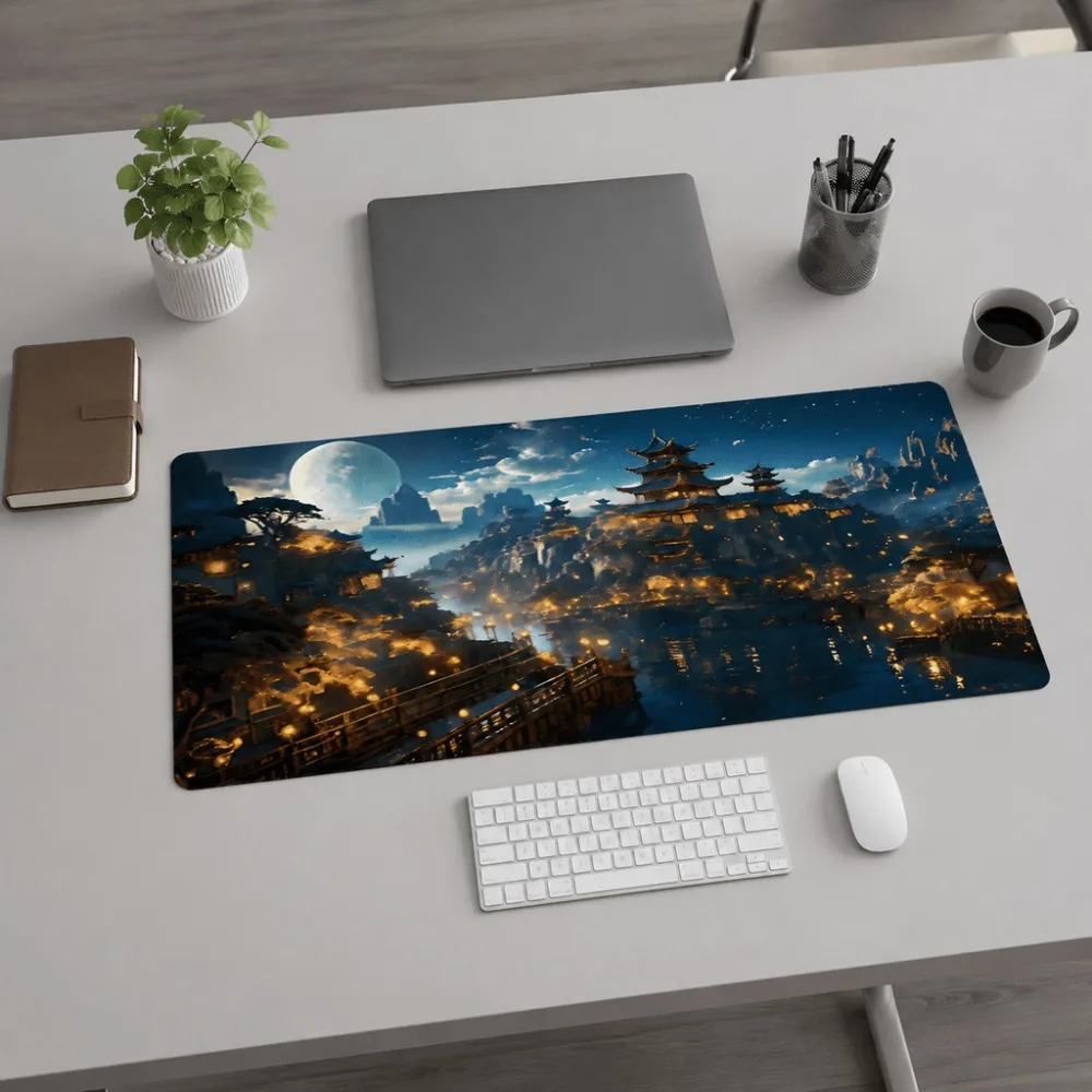 Original fantasy night city moon print elongated table mat. Suitable for office, home office desk, work and game setup