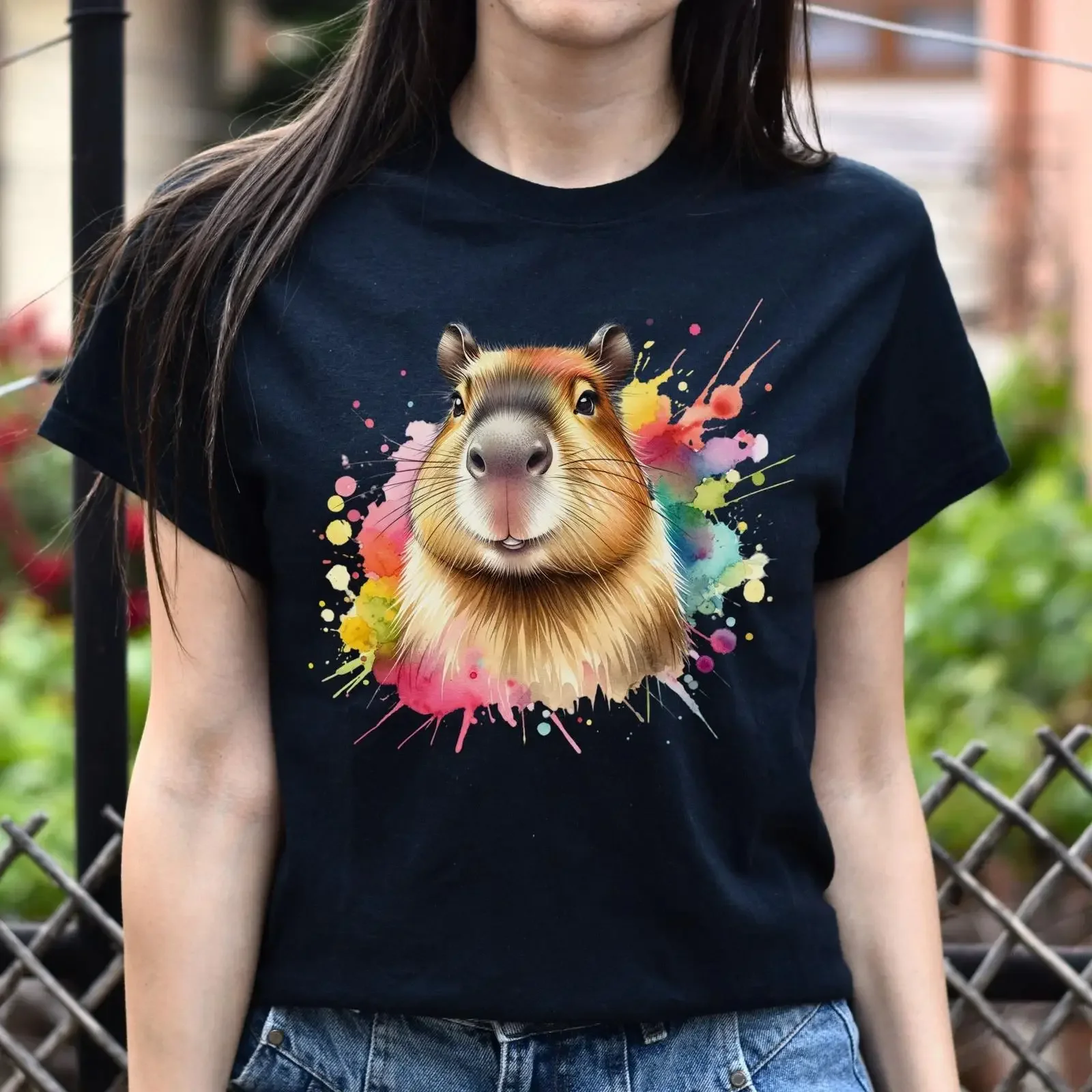 Capybara Color Splash T Shirt Black Navy Dark Heather vintage Washed fashion homme Versatile streetwear Comfortable Stylish