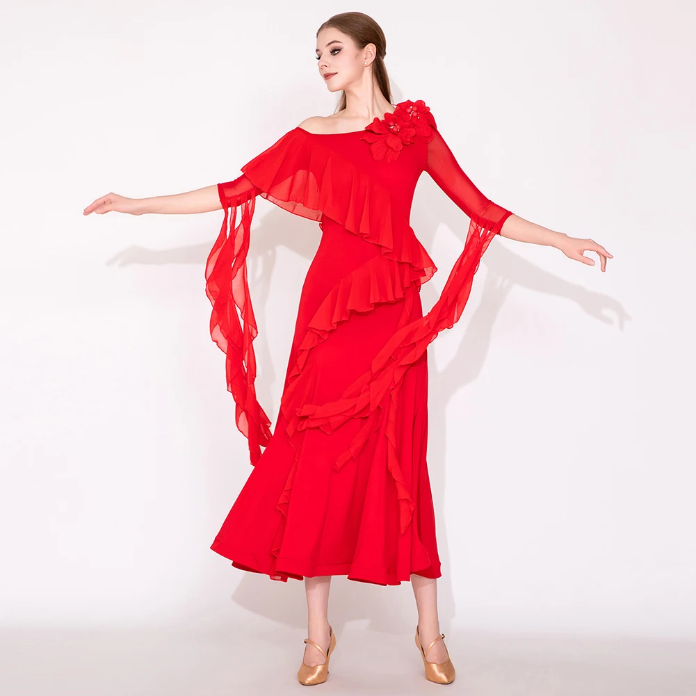 Ballsaal-Ärmel, Ballsaal-Tanz-Wettbewerbskleid, überkreuzte Schulter, moderner Tanz, gerüschtes schwarzes rotes Band, Guobiao Neu