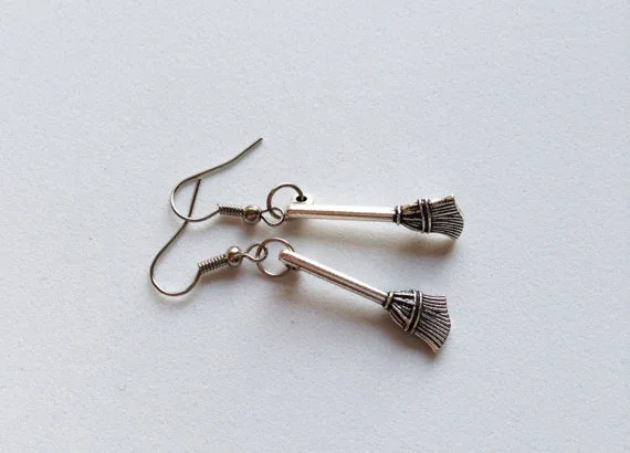 Europe and America Silver Color Metal Carving Broom Earrings UNISEX Halloween Punk Party Jewelry Earrings