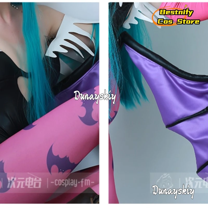 أزياء BMiccos Game Tumes النسائية على شكل قلب مجوف من Morrigan أزياء تنكرية مع أجنحة طماق Darkstalkers Succubus{Bestnify Cos}