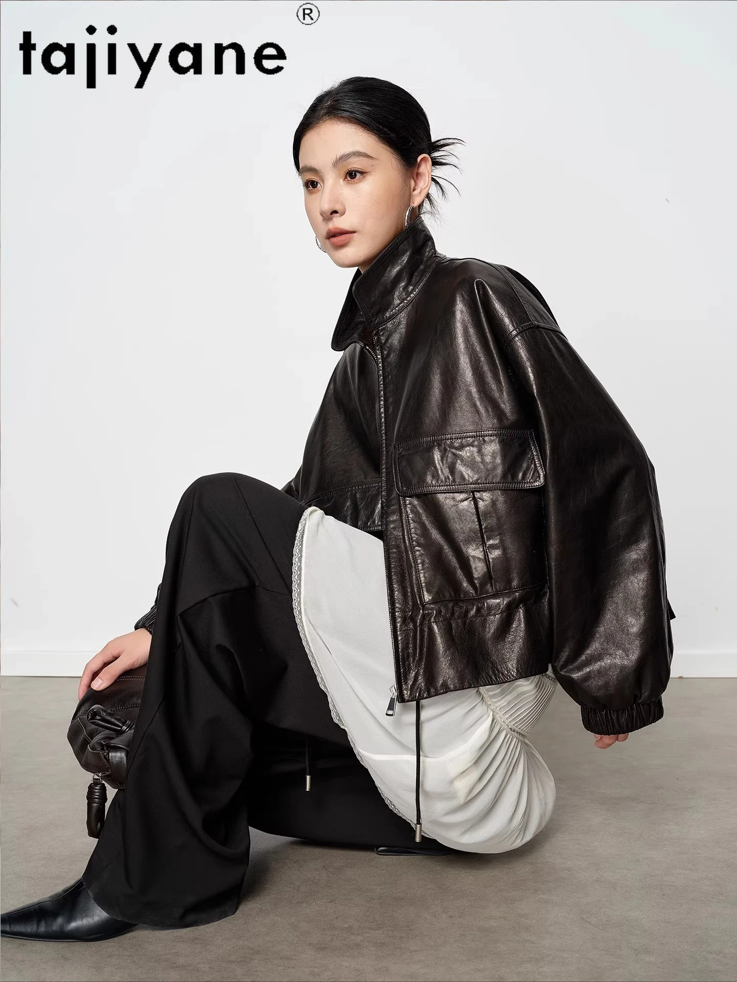 سترة من جلد الماعز الحقيقي من TAJIYANE معطف نسائي قصير أنيق عالي الجودة سترات من الجلد الطبيعي ملابس حريمي خريف 2025 schuba