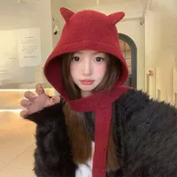 Little Devil Balaclava Hat Women's Autumn and Winter Wool Hat Warm Ear Protection Cute Knitted Scarf Bomber Hat Tide