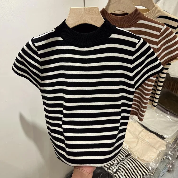 2026 Rollkragenpullover Gestreifter Pullover Slim Fit Oberteil Damen Frühling und Herbst Kurzarm Unterziehpullover – Detail 17
