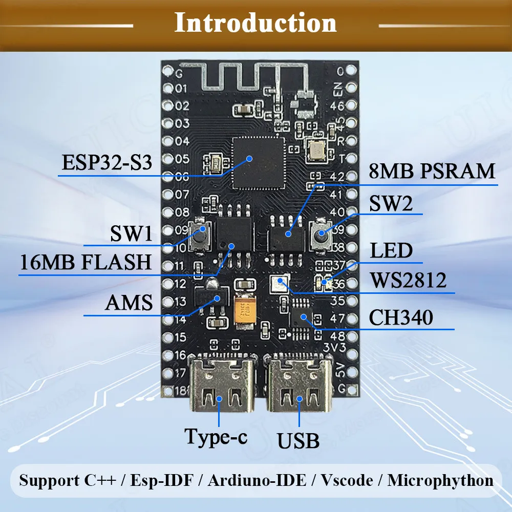 Imagem -02 - Placa de Desenvolvimento Esp32-s3 N16r8 bt Módulo Wifi 2.4g para Arduino Psram 8mb Flash 16mb Ws2812 Led Ch340 Tipo-c Esp32 s3 Novo