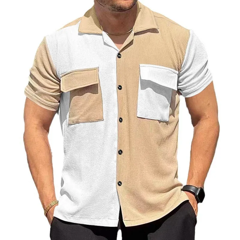 GZMS-2024Summer New Men's Color Matching Short Sleeve Breathable Casual Beach Shirt Short Button Cardigan