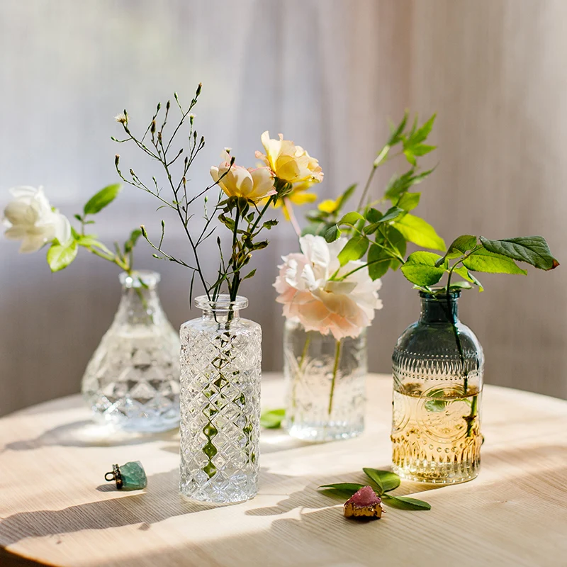 Nordic Vintage Vase Small Mouth Transparent Glass Plants Hydroponic Dried Flower Vessel Home Living Room Desktop Decoration