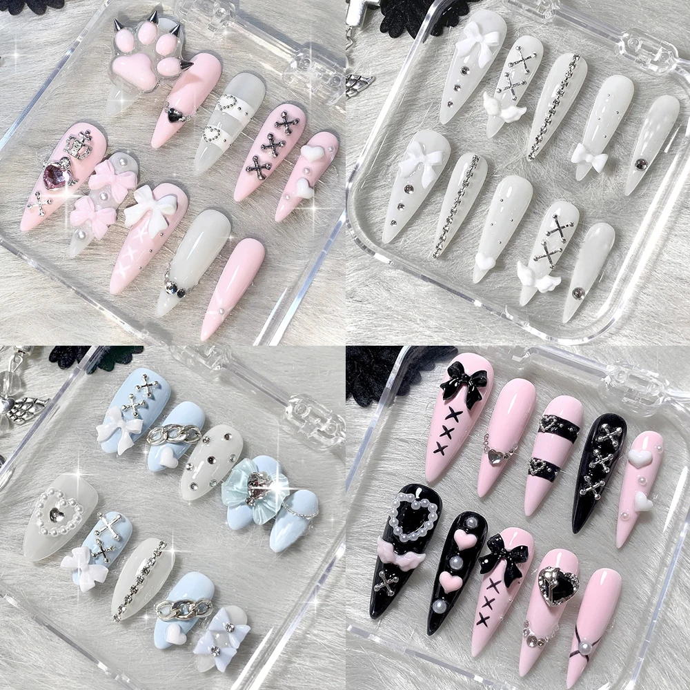 

10Pcs Y2K Spicy Girl Black Pink Stiletto Handmade Fake Nails Manicure Love Bowknot Wings Cat Paws Design Reusing Fake Nails