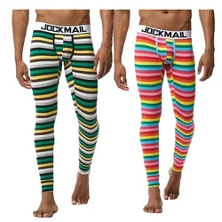 Jockmail Long Johns Mens Fashion Stripe Printing Rainbow Leaf Pattern Thermo Underwear Pants Mens Leggings Thermal UnderPants