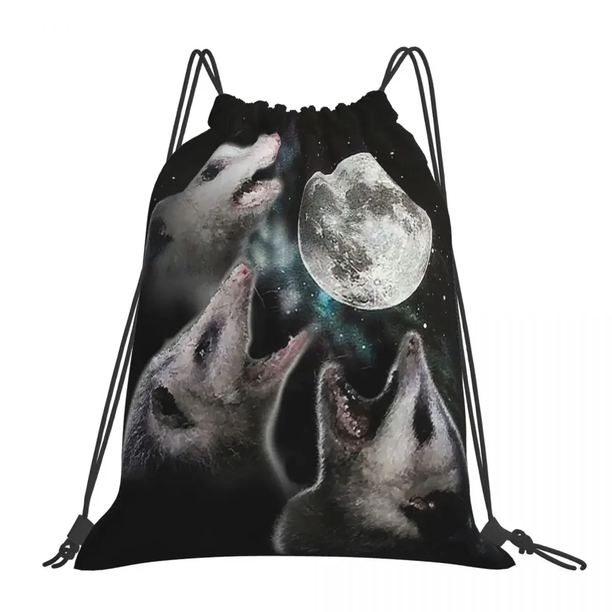 

3 Opossum Moon Backpacks Casual Portable Drawstring Bags Drawstring Bundle Pocket Sports Bag BookBag For Travel Students